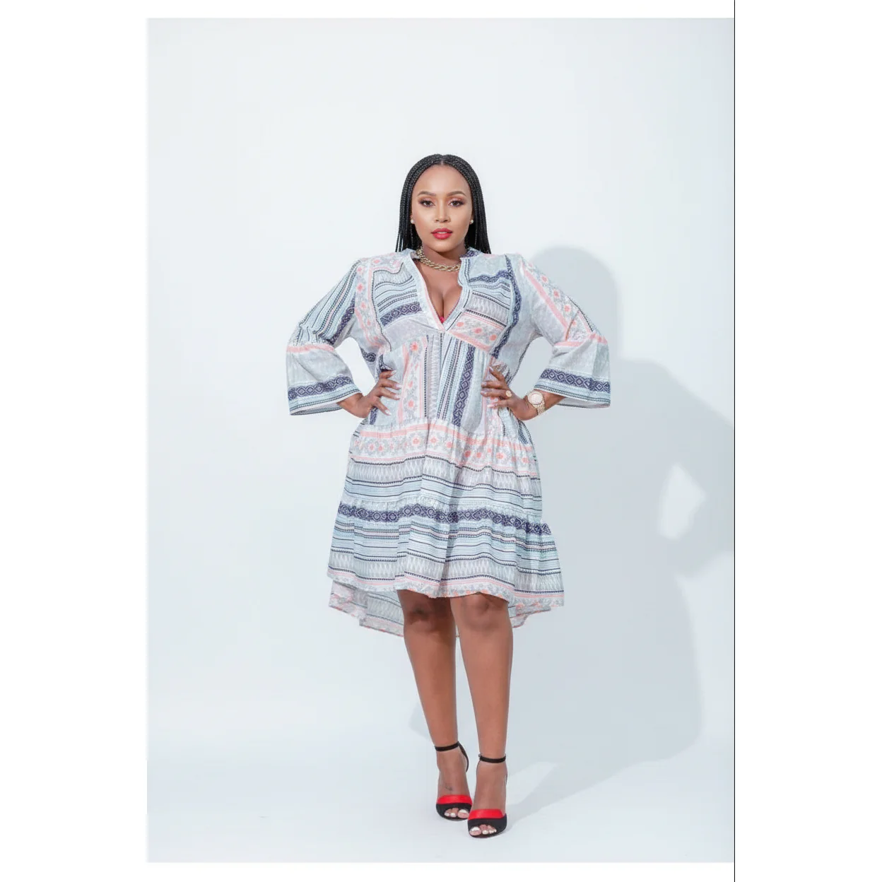Long Sleeve V-neck Midi Dress - Image 4