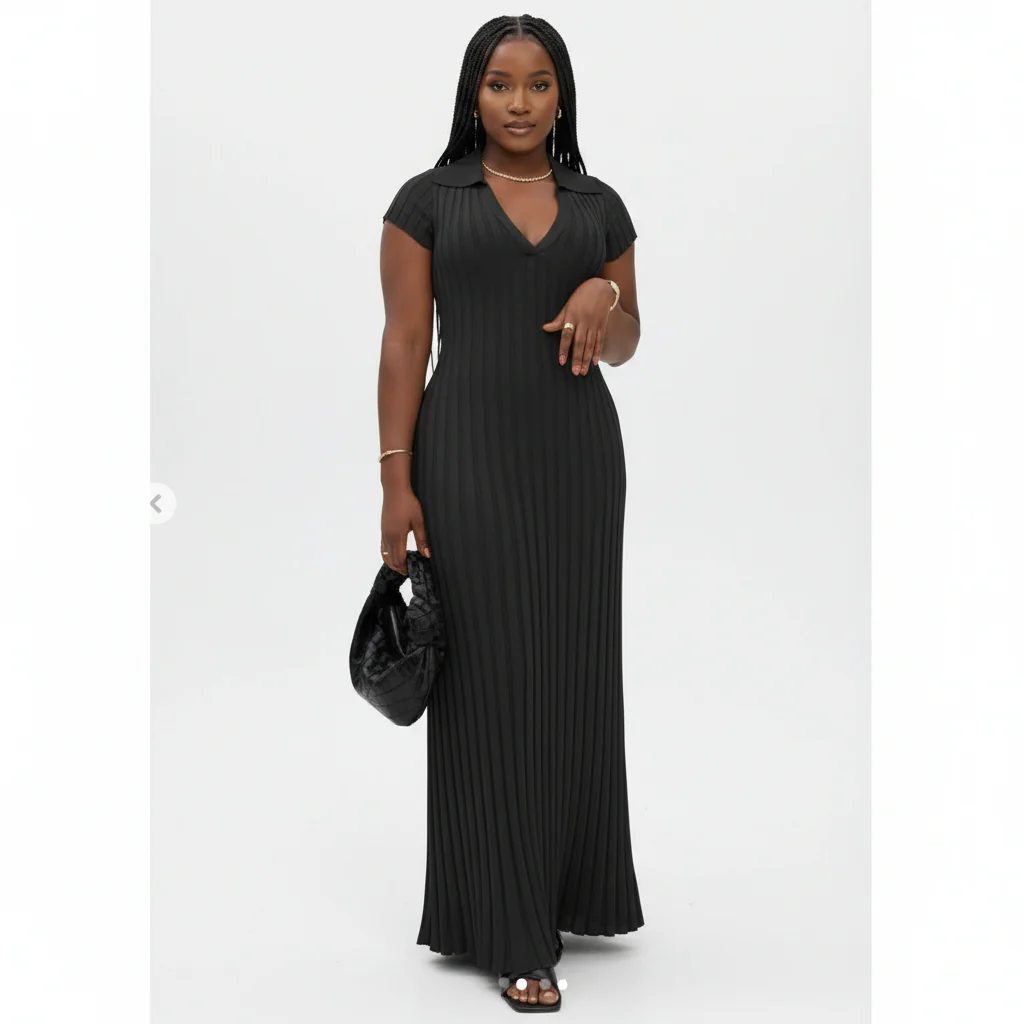 Long Sleeve V Neck Pleated Bodycon Knit Ribbed Maxi Dress