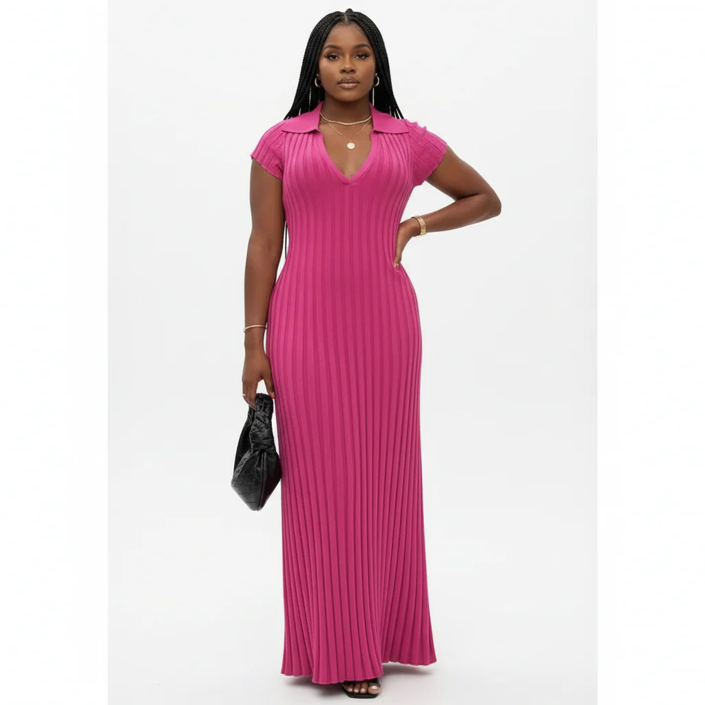 Long Sleeve V Neck Pleated Bodycon Knit Ribbed Maxi Dress - Image 3