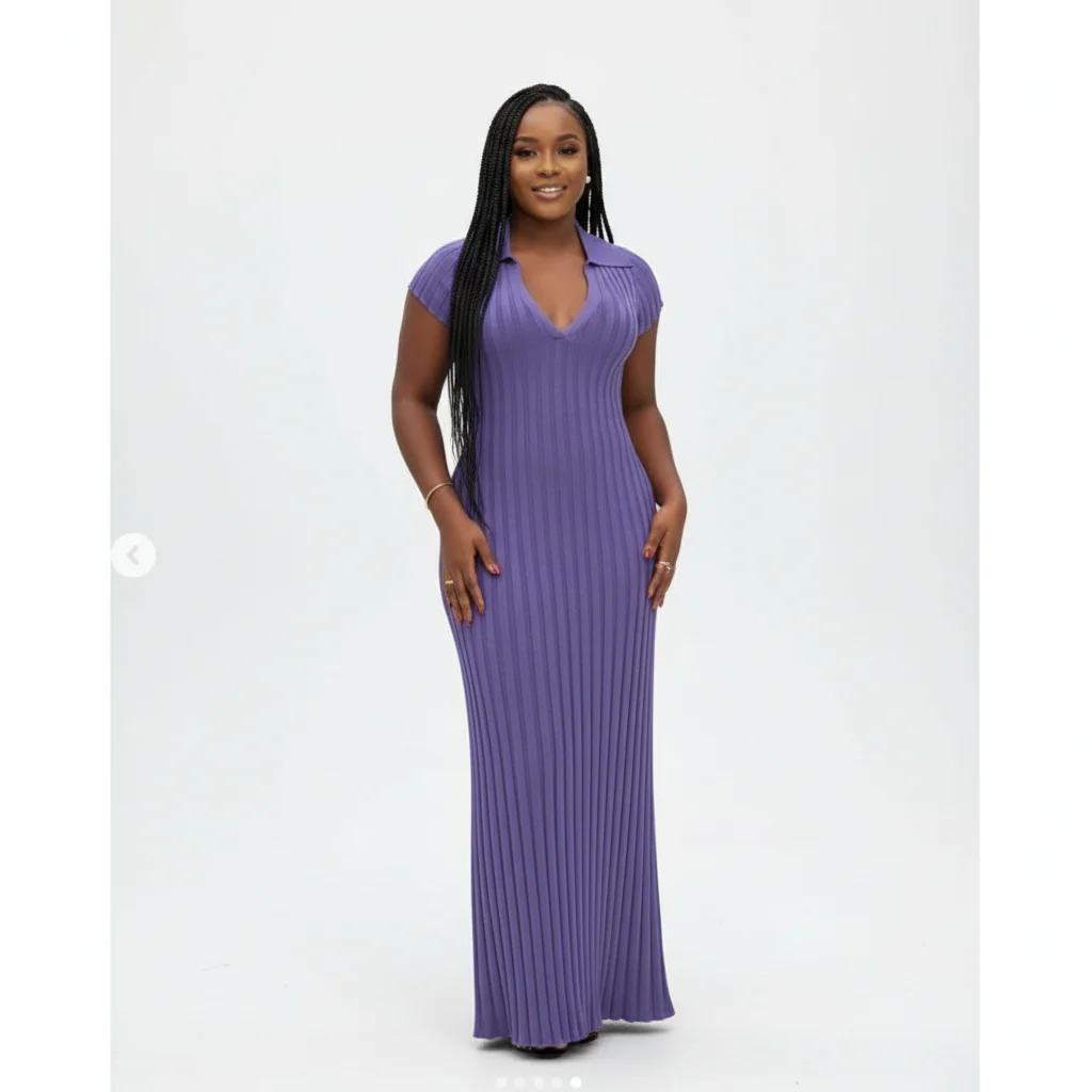 Long Sleeve V Neck Pleated Bodycon Knit Ribbed Maxi Dress - Image 4