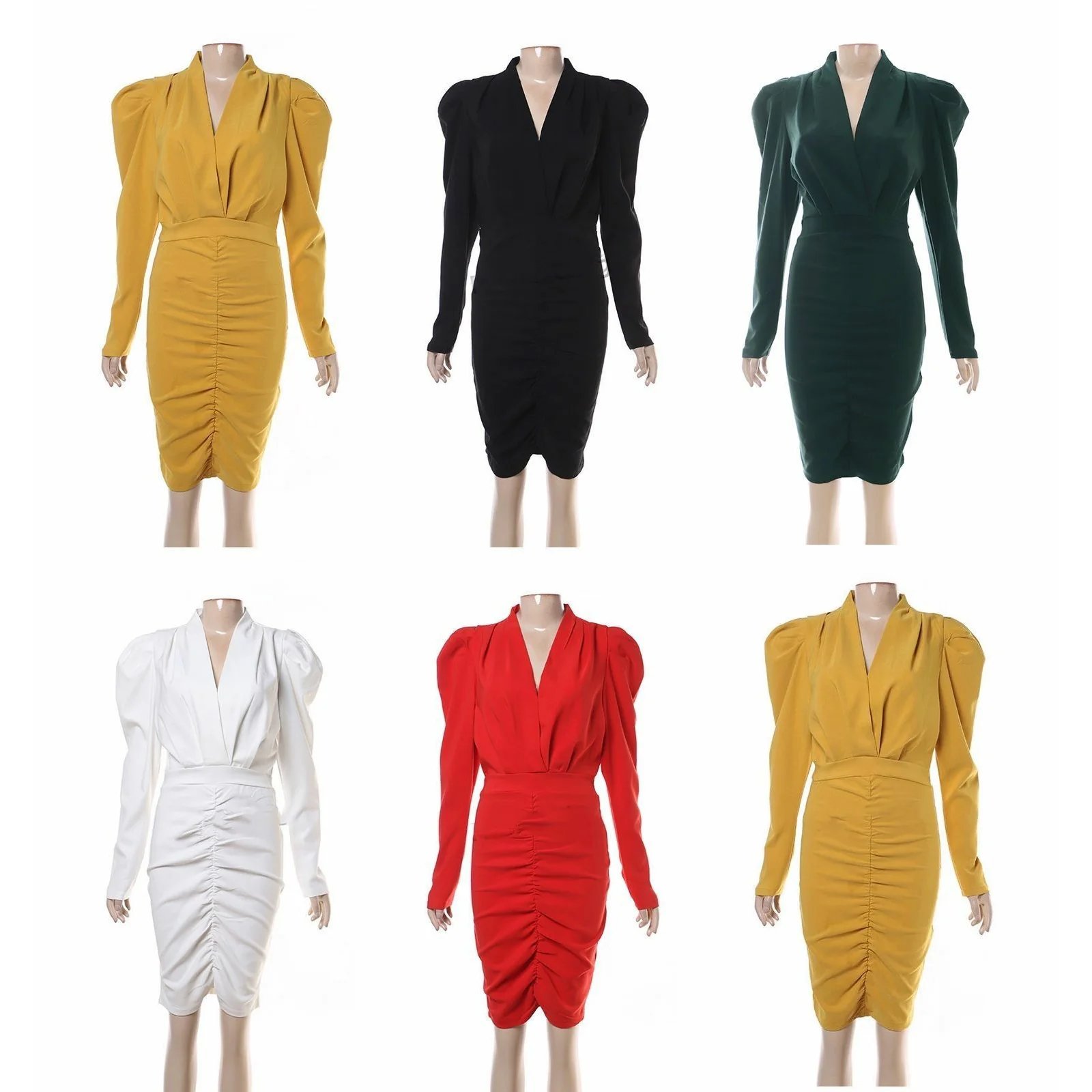 Long Sleeve V-neck Ruched Bodycon Dress - Image 4