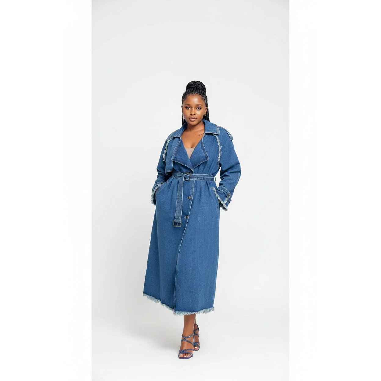 Long Sleeve Waist Belt Denim Trench Maxi Dress - Image 2