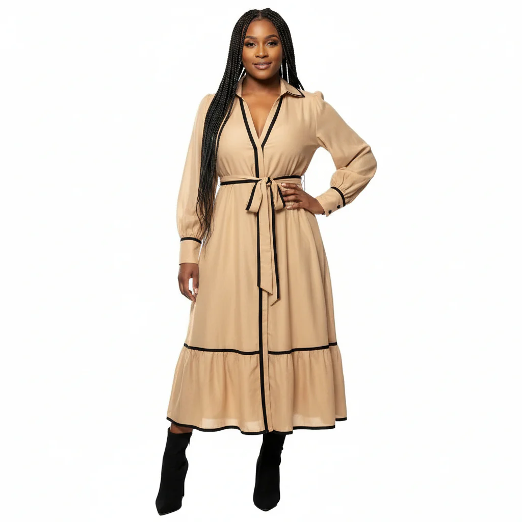 Long Sleeve White Trim Solid Color Maxi Dress - Image 3