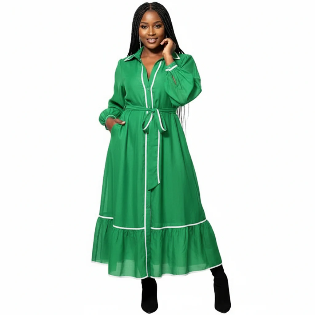 Long Sleeve White Trim Solid Color Maxi Dress - Image 4