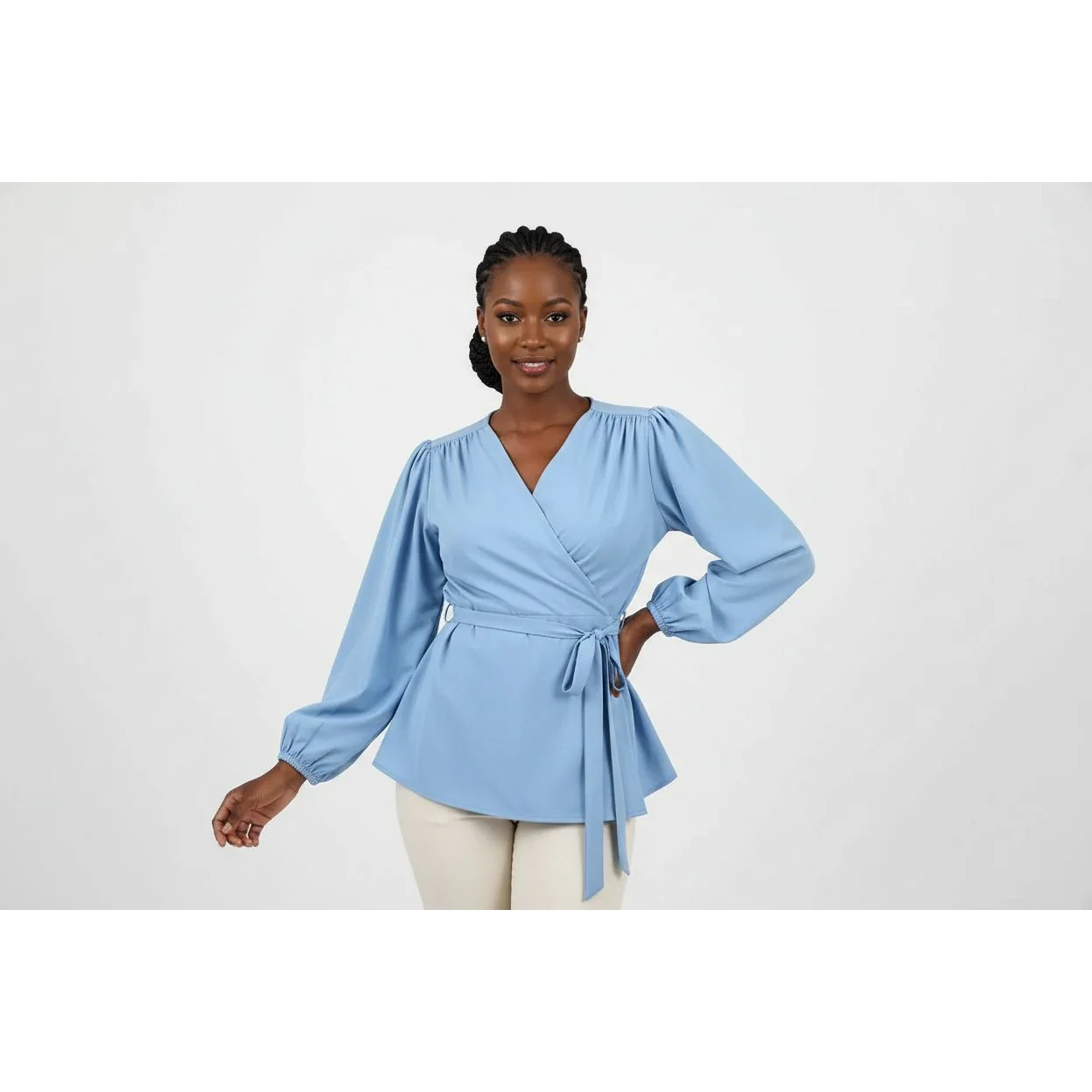 Long Sleeve Wrap Elegant Cross V Neck Shirt - Image 3