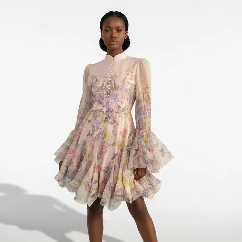 Long-Sleeved Floral-Printed ruffled Short Dress - Image 2