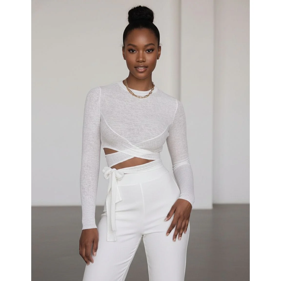 Long-Sleeved Round Neck Cutout Top - Image 2