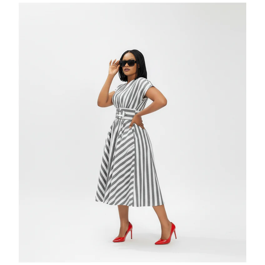 Stripe Elegant V-Neck Midi Dress - Image 2