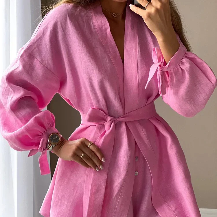 Loose High Waist Shorts Lace-Up Robes Tops Set - Image 5