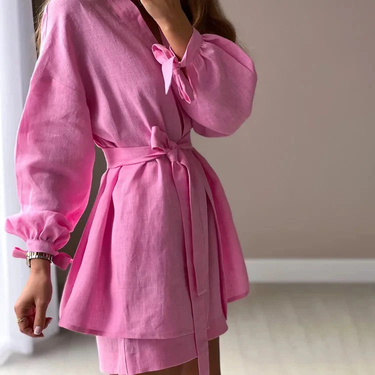 Loose High Waist Shorts Lace-Up Robes Tops Set - Image 6