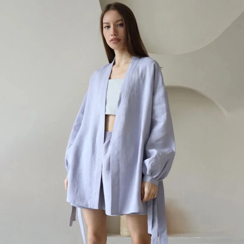 Loose High Waist Shorts Lace-Up Robes Tops Set - Image 7