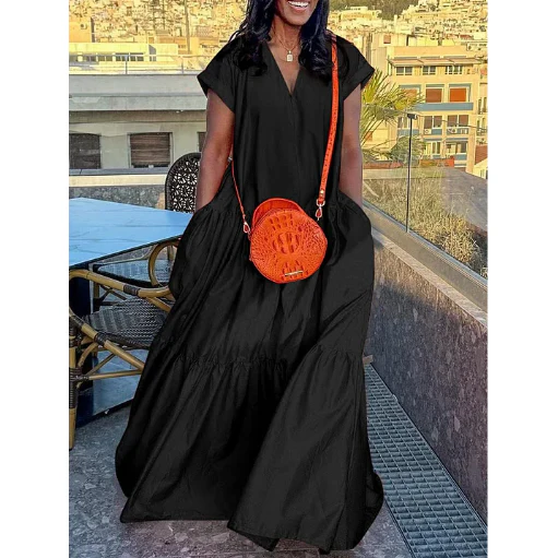 Short Sleeves Pleated V-Neck Maxi Dress - Image 10