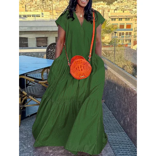 Short Sleeves Pleated V-Neck Maxi Dress - Image 8