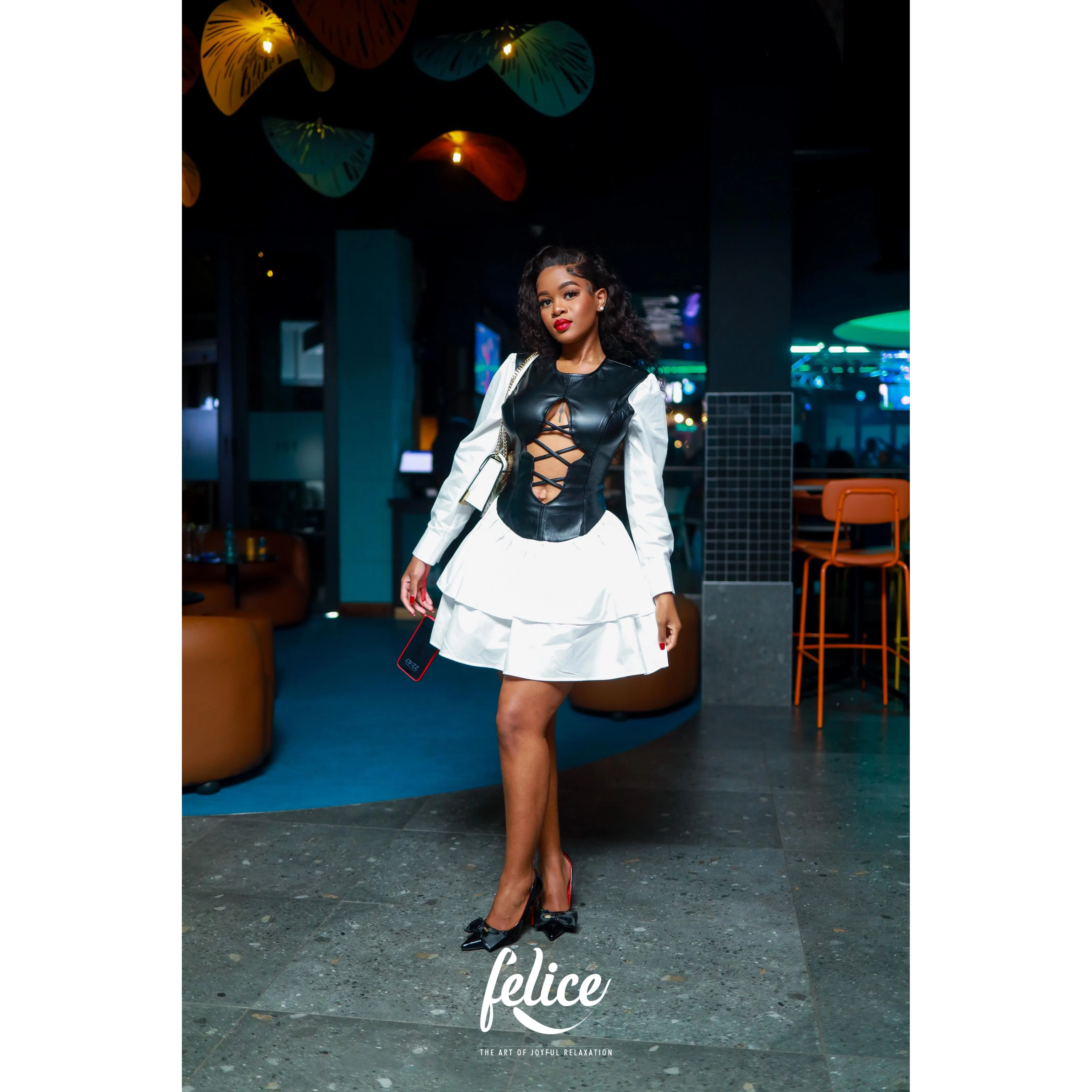 Low-cut lace-up ruffle black leather dress. - Image 4