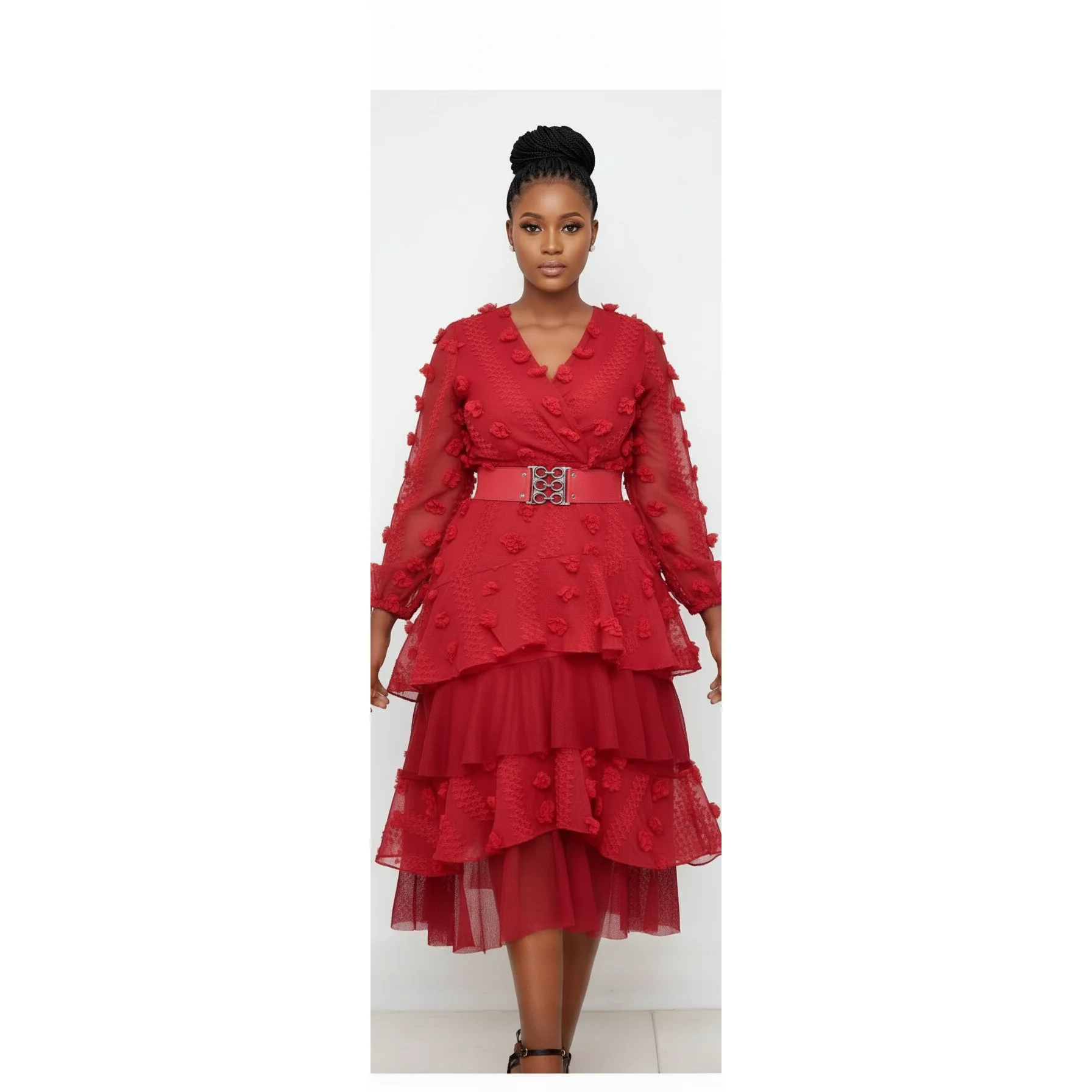 Mesh Long Sleeves V-Neck Ruffles Dress 