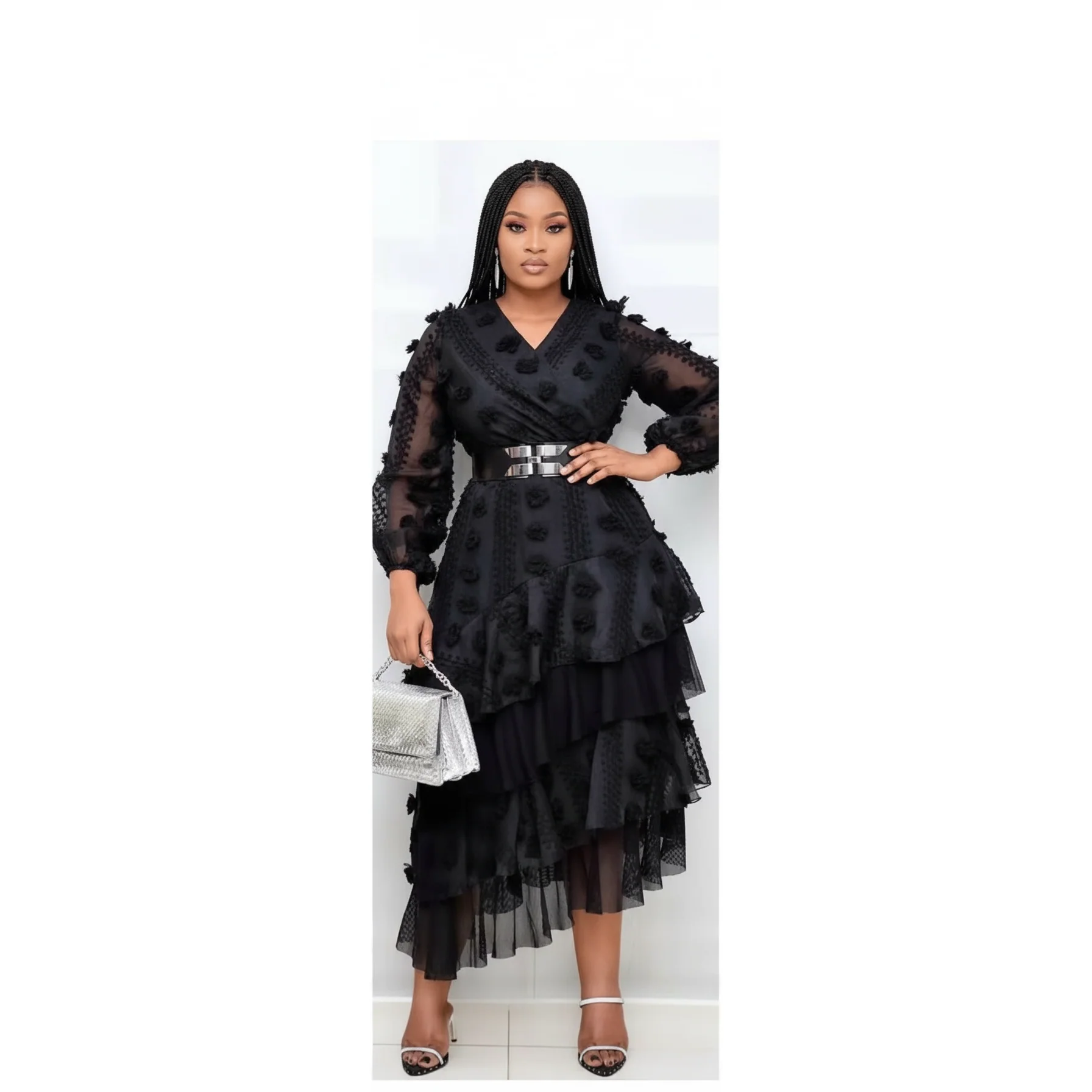 Mesh Long Sleeves V-Neck Ruffles Dress  - Image 2
