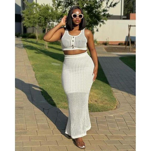 Mesh See-Through Crop Top and Long Skirt Set - Image 2