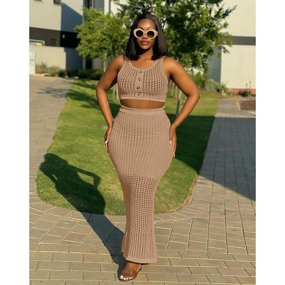 Mesh See-Through Crop Top and Long Skirt Set - Image 3