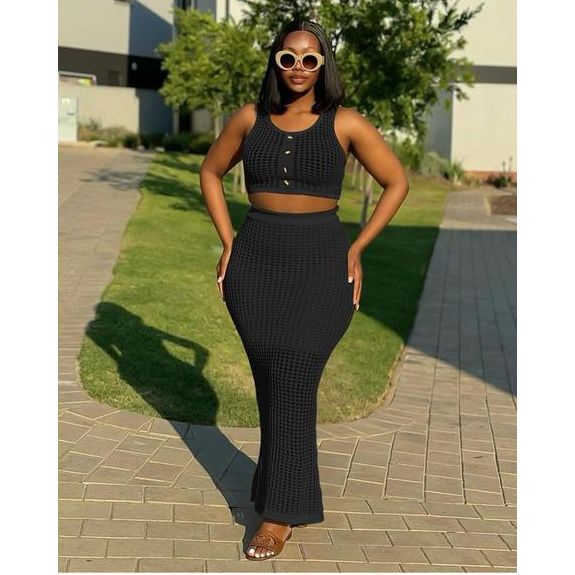Mesh See-Through Crop Top and Long Skirt Set - Image 4