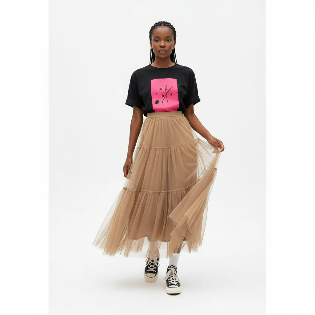 Mesh Tulle Layered Pleated Elegant Maxi Skirt - Image 4