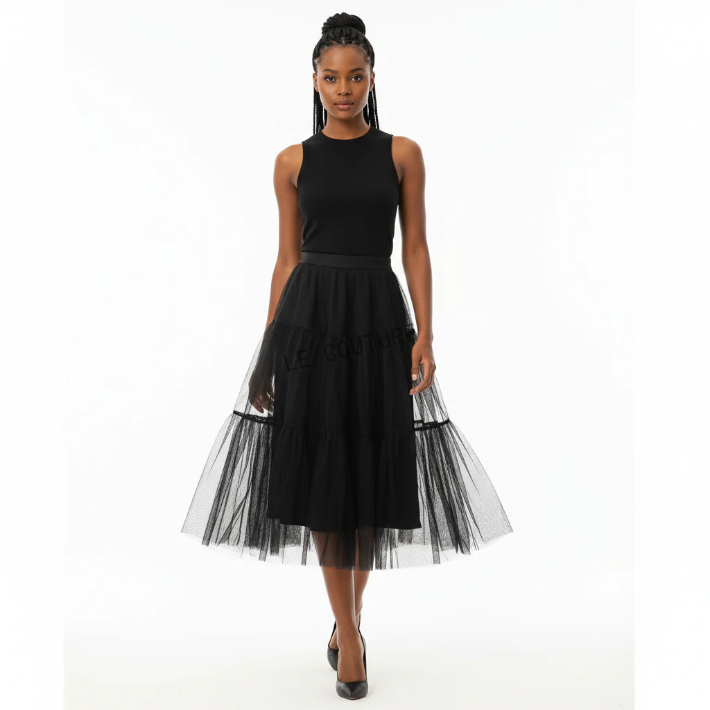 Mesh Tulle Layered Pleated Elegant Maxi Skirt - Image 5