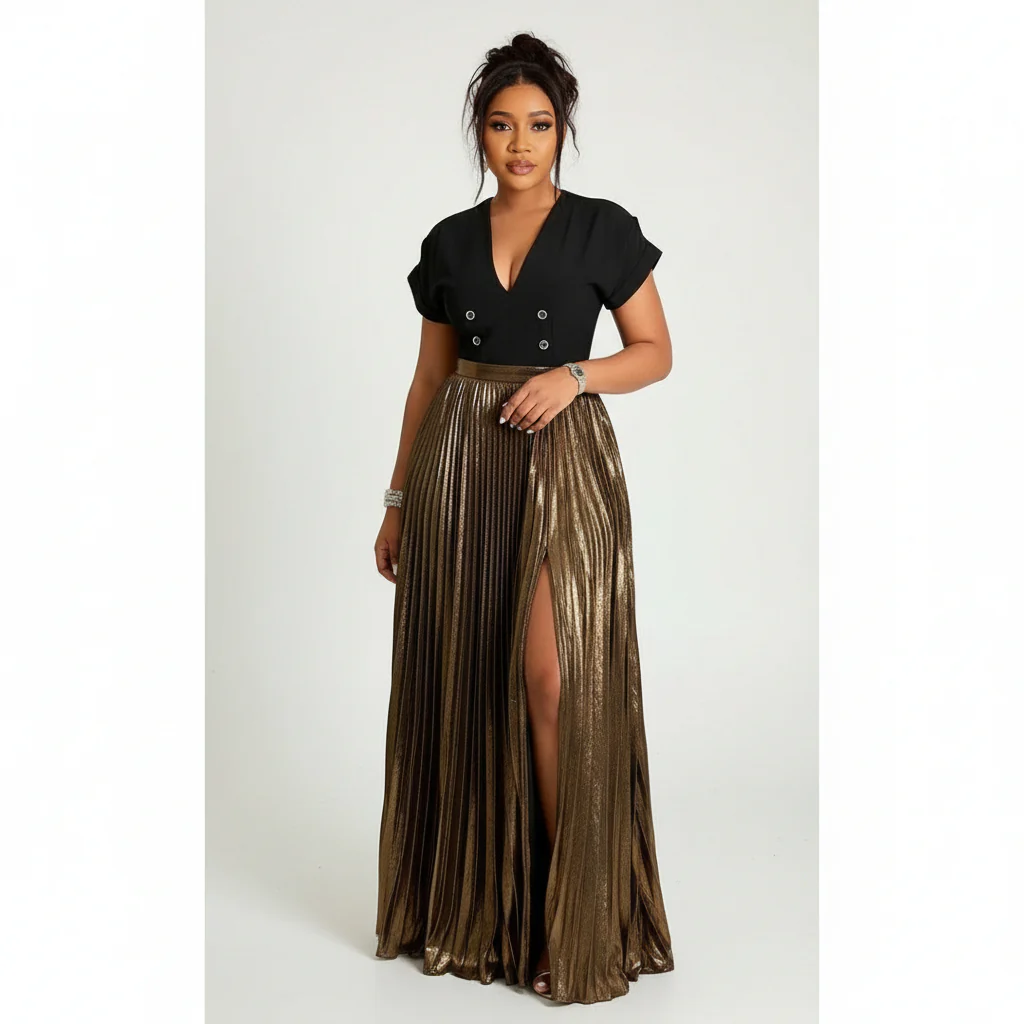 Metallic Fabric High Slit Skirt, Suitable For Party In Summer
