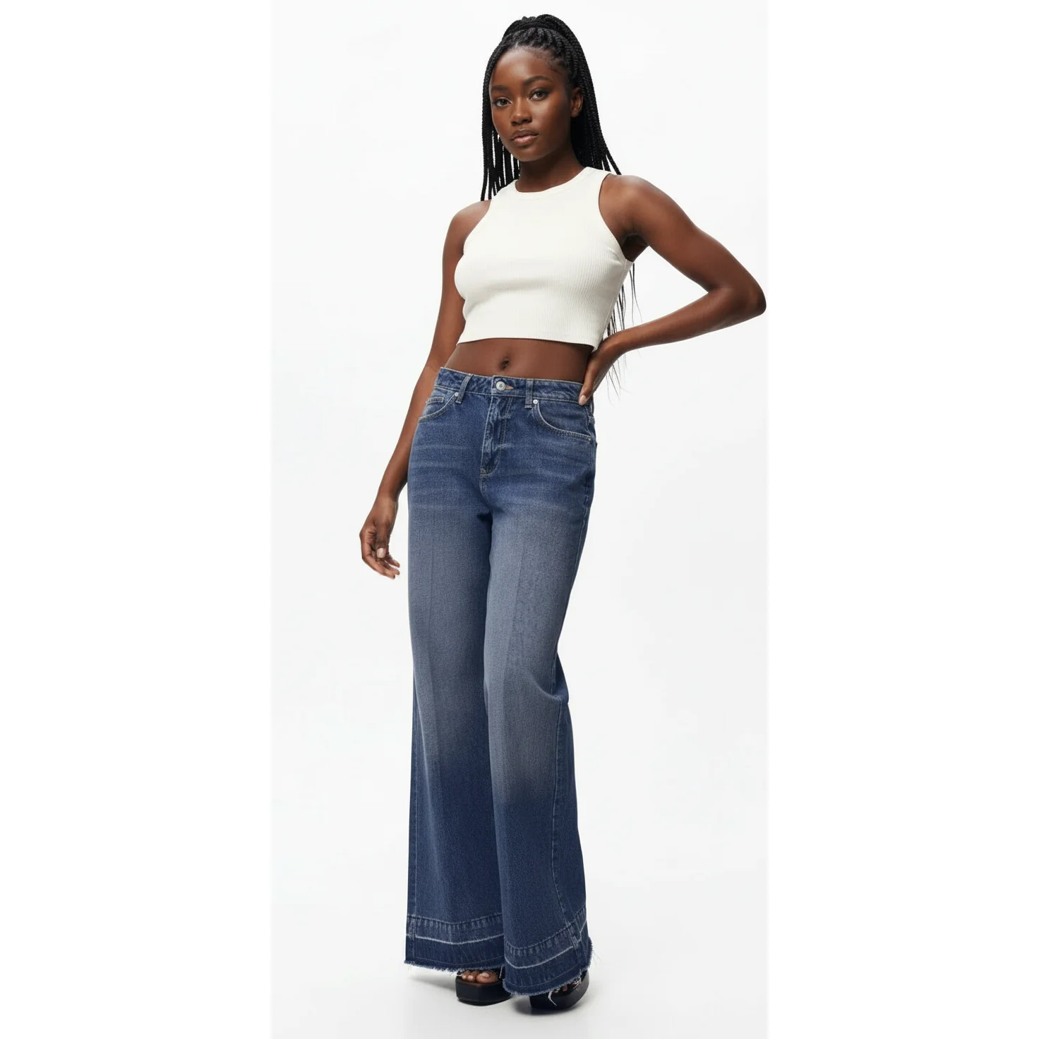 Mid-Rise Wide Leg Denim Trousers - Image 2