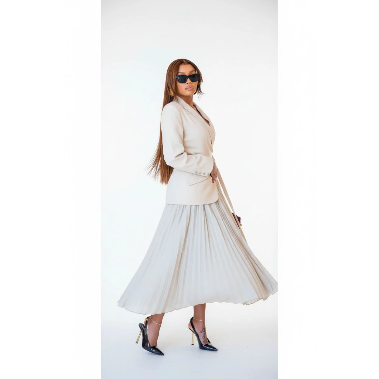 Modern Pleated Long Sleeve Blazer Dress