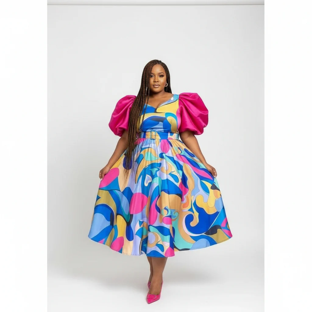 Multi-color Puffy Shoulders Midi Dress.