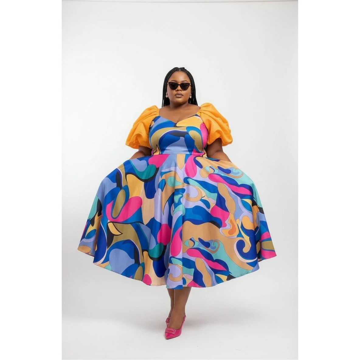 Multi-color Puffy Shoulders Midi Dress. - Image 2