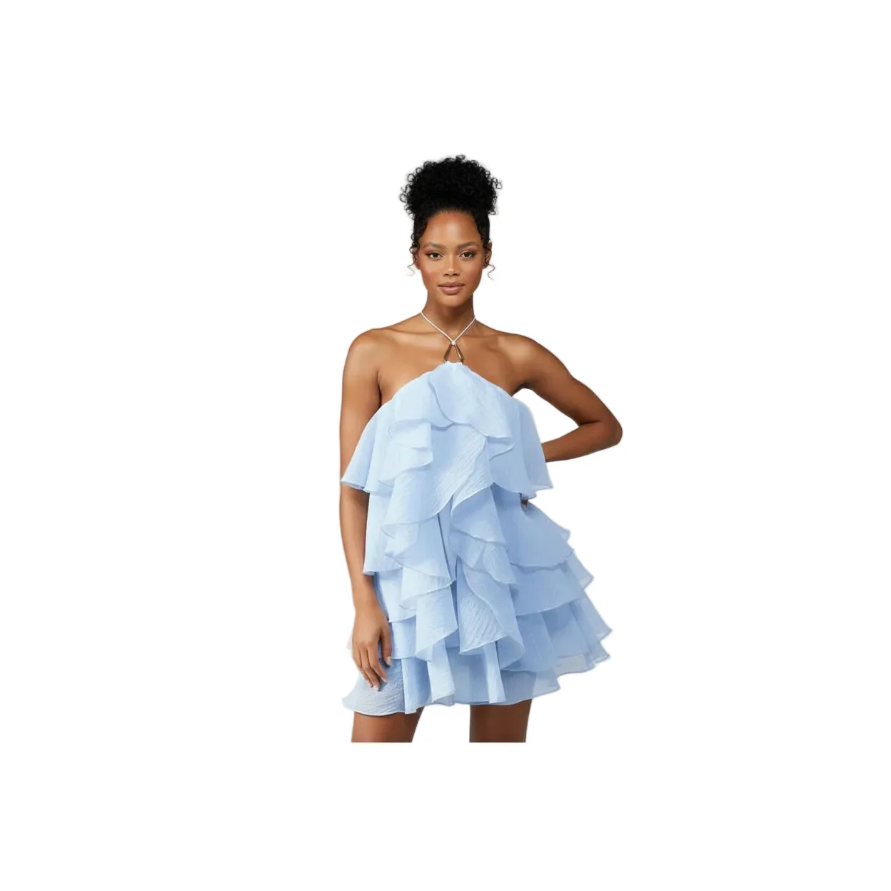 Multi-Layer Mesh Ruffle Halter Neck Dress