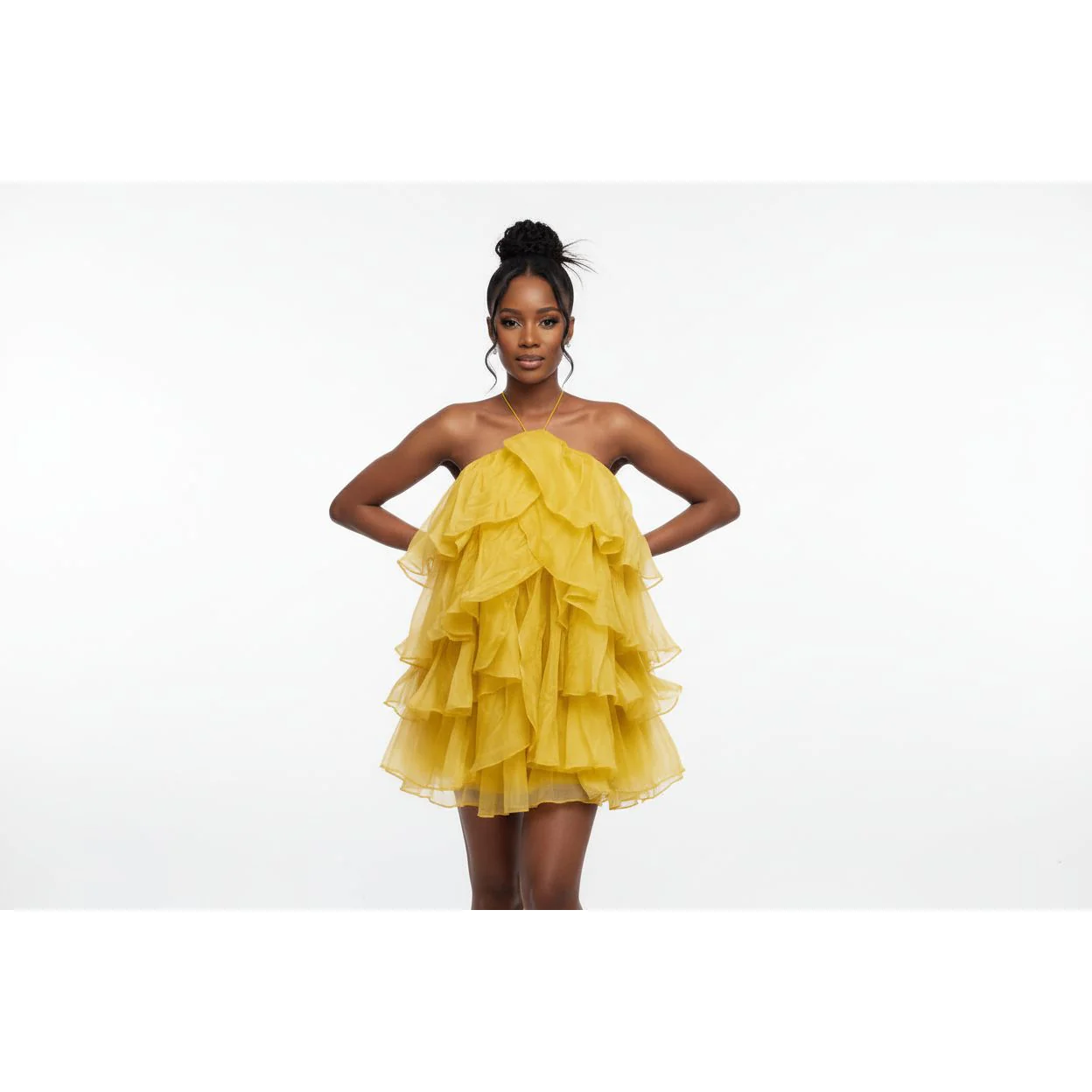 Multi-Layer Mesh Ruffle Halter Neck Dress - Image 3