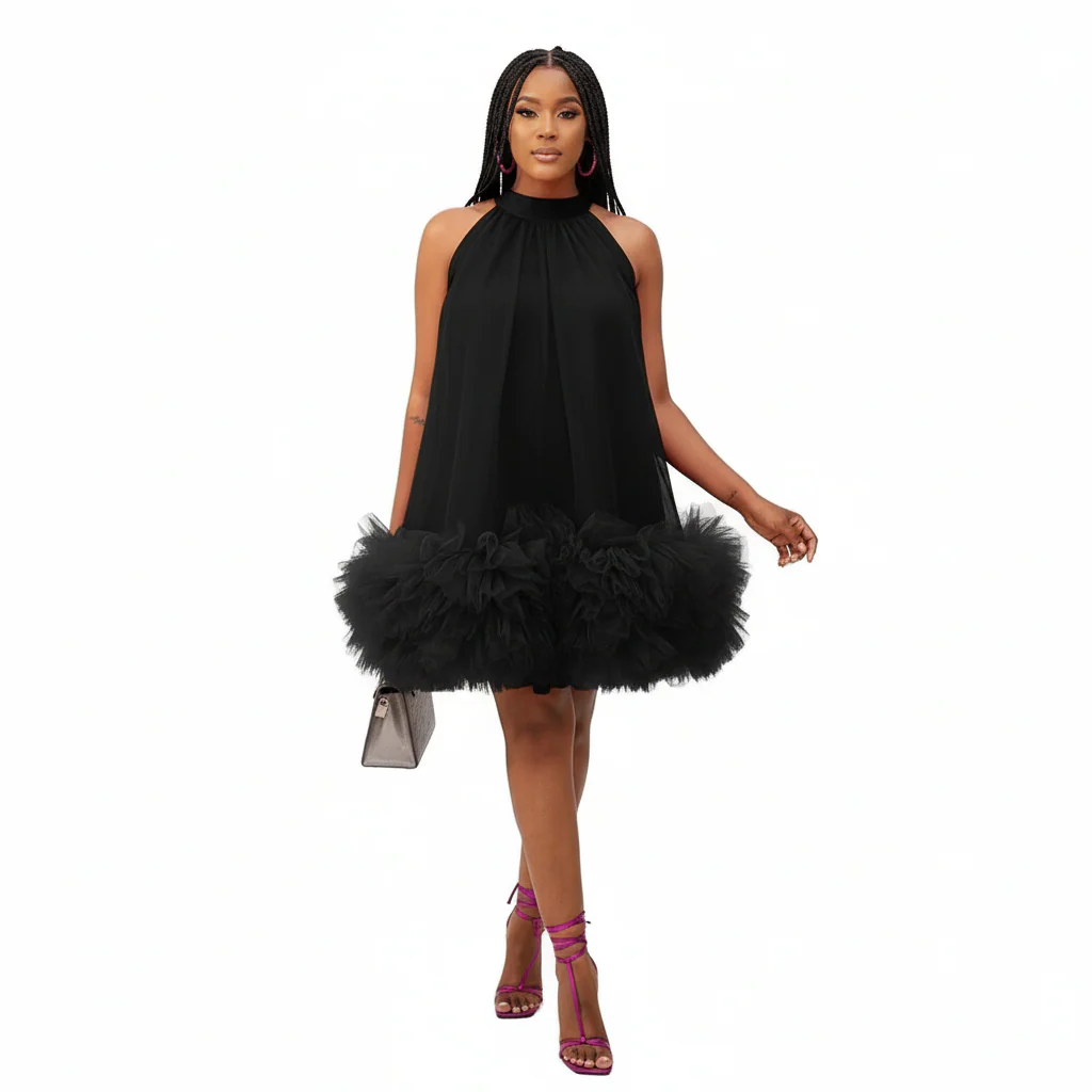 Multi-Layer Mesh Ruffle Halter Neck Dress - Image 2