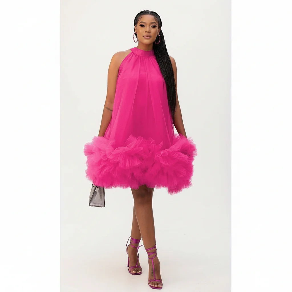 Multi-Layer Mesh Ruffle Halter Neck Dress - Image 3