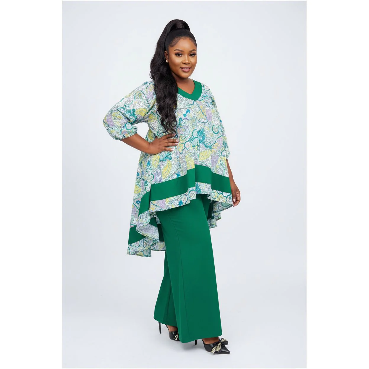 Floral Printed Hi-Low Top & Wide-Leg Pants Set