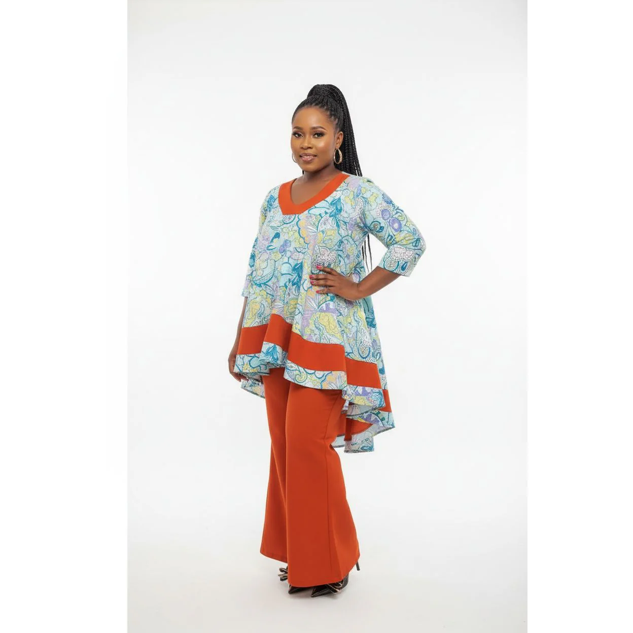 Floral Printed Hi-Low Top & Wide-Leg Pants Set - Image 3