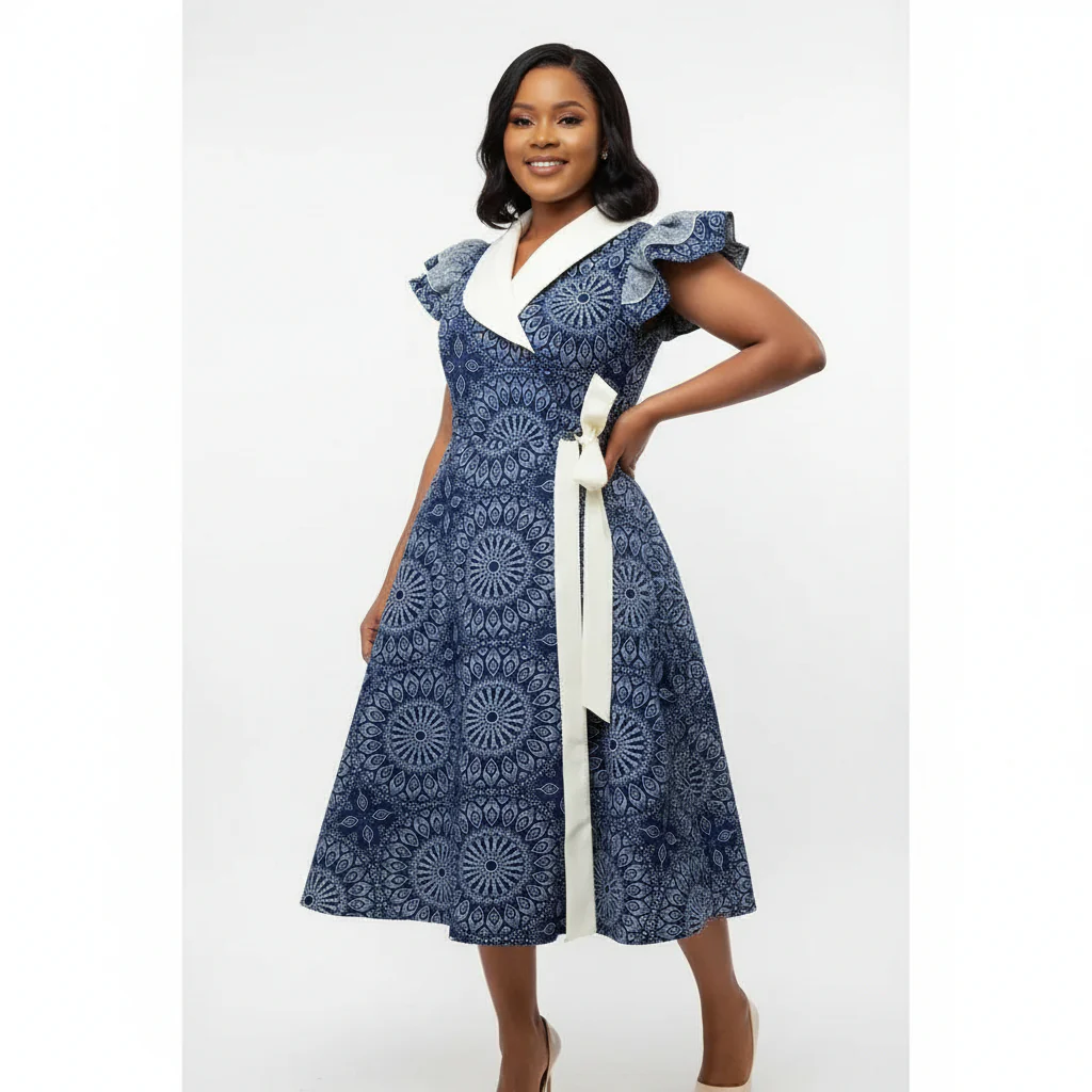 Navy Geometric Print Tiered Traditional Dress