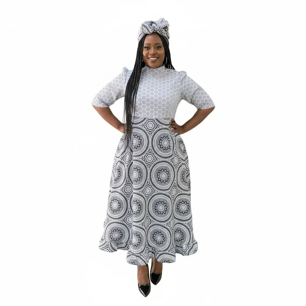 O-Neck Long Sleeve Maxi Ankara Dress. - Image 2
