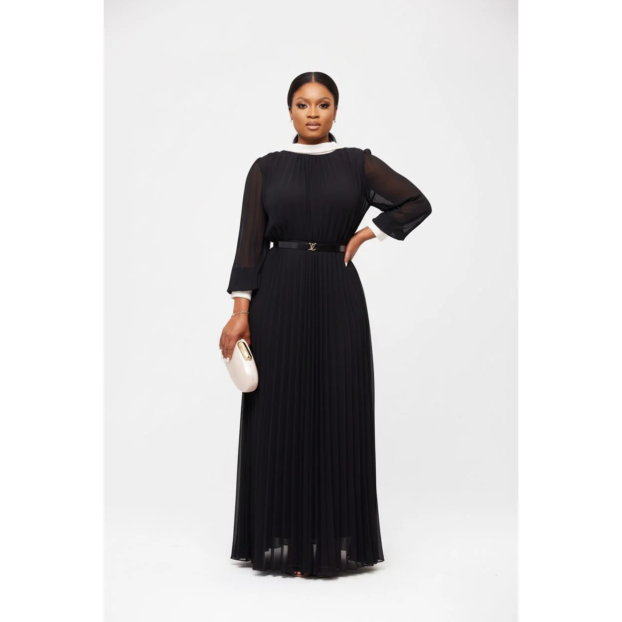 O-Neck Long Sleeve Pleated with Nude Trim Patchwork Dress