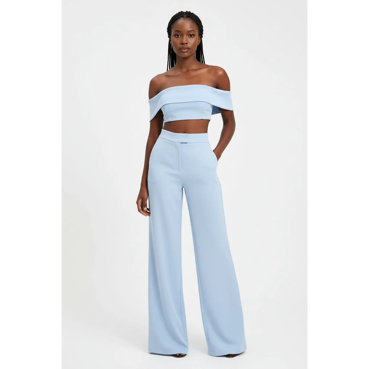 Off Shoulder Crop Top and High Waisted Pants Set - Image 2