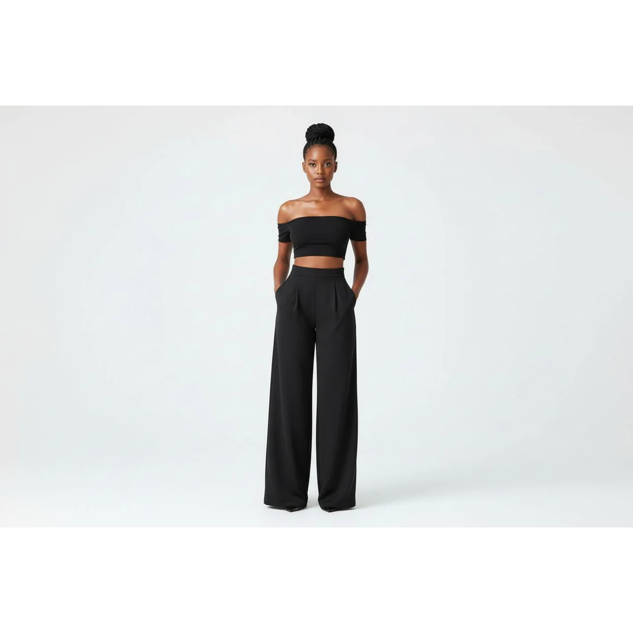 Off Shoulder Crop Top and High Waisted Pants Set - Image 3