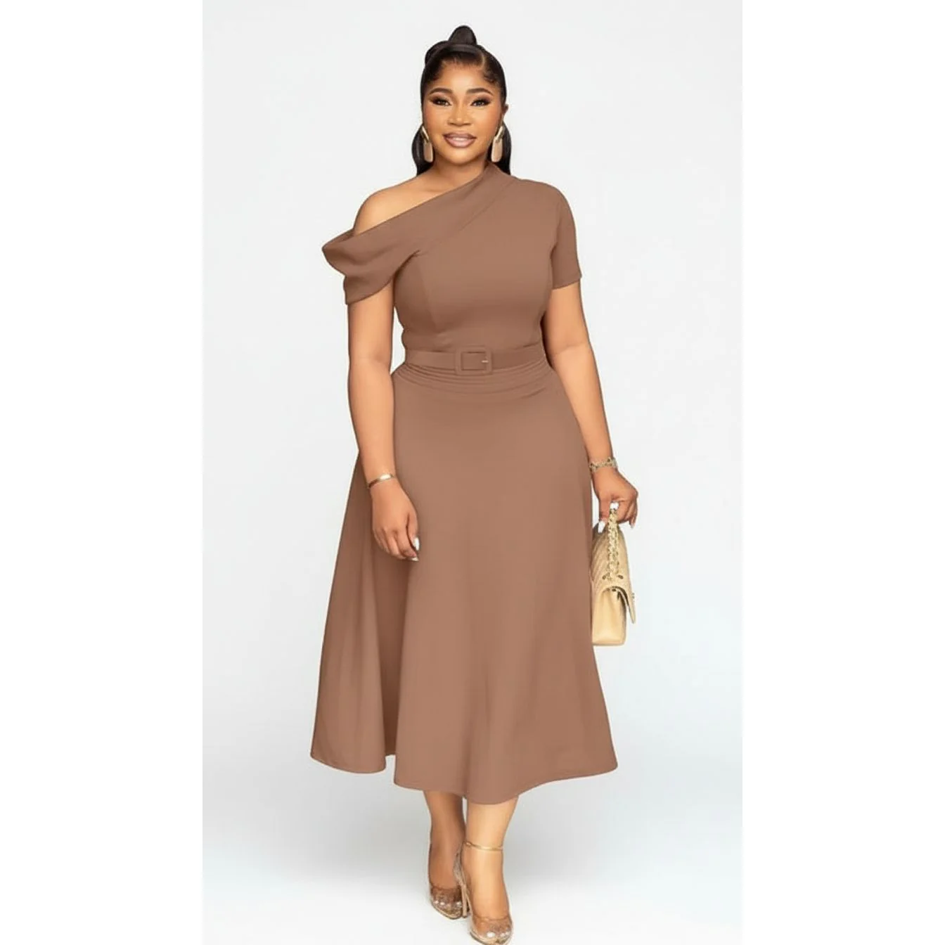 Off Shoulder A-line Short Sleeve Maxi Dress - Image 4