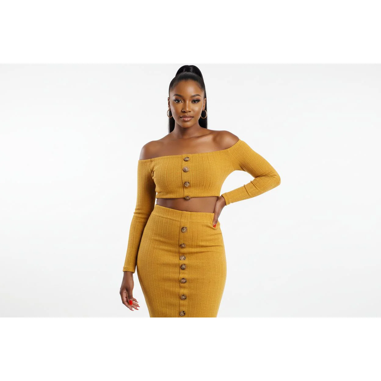 Off-Shoulder Button Detail Sweater 2 Piece Set - Image 3