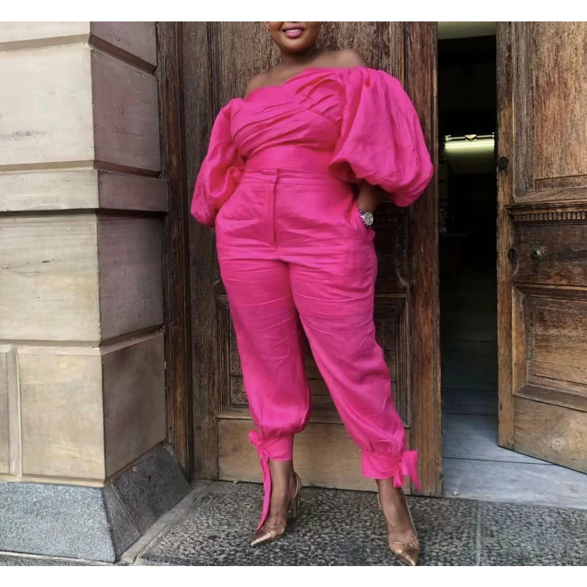 Off Shoulder Crop Top & High Waisted Trouser Set - Image 2