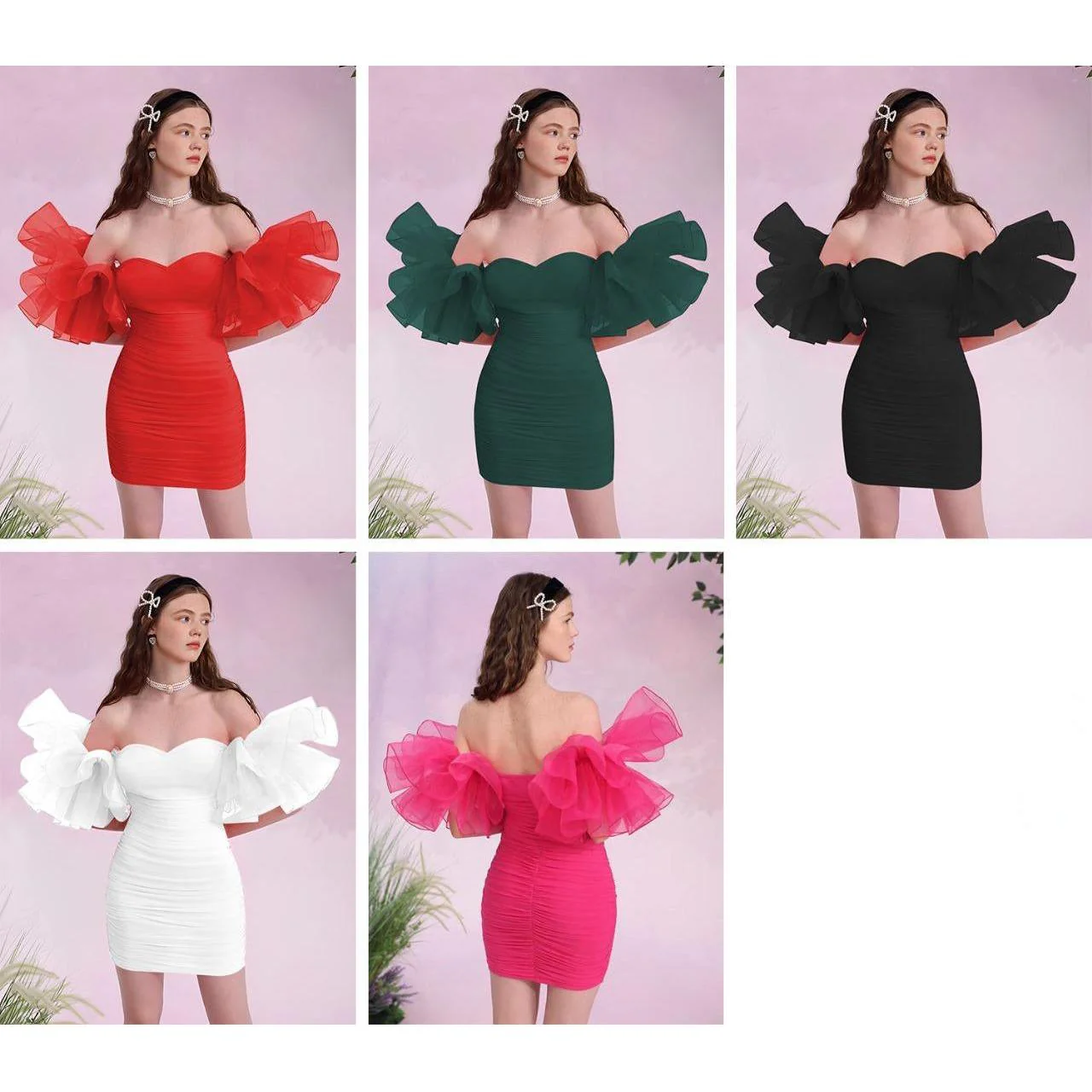 Off Shoulder Tight Pleated Short Dress - Image 5