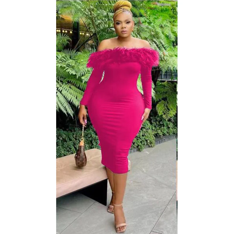 Bodycon Off Shoulder Feather Dress - Image 5