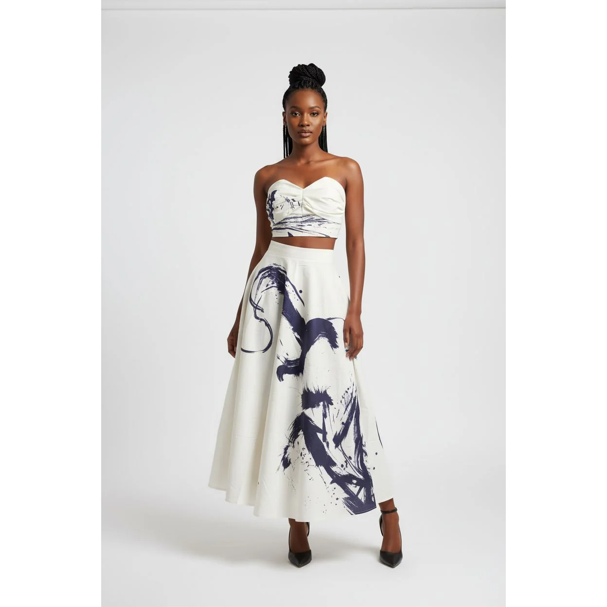 Off-Shoulder Ink Floral Blouse And Skirt 2 Piece Set - Image 3