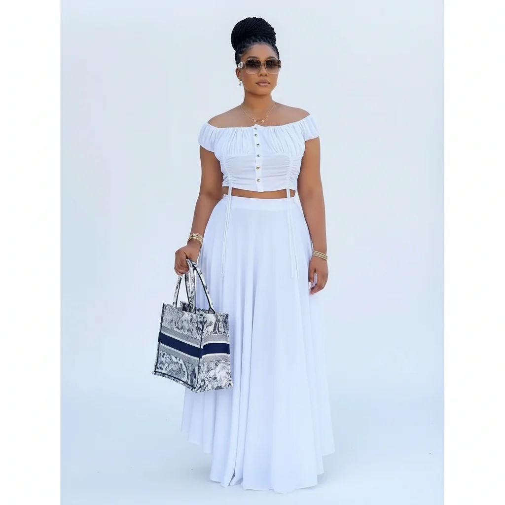 Off Shoulder Front Button Top and Skirt.