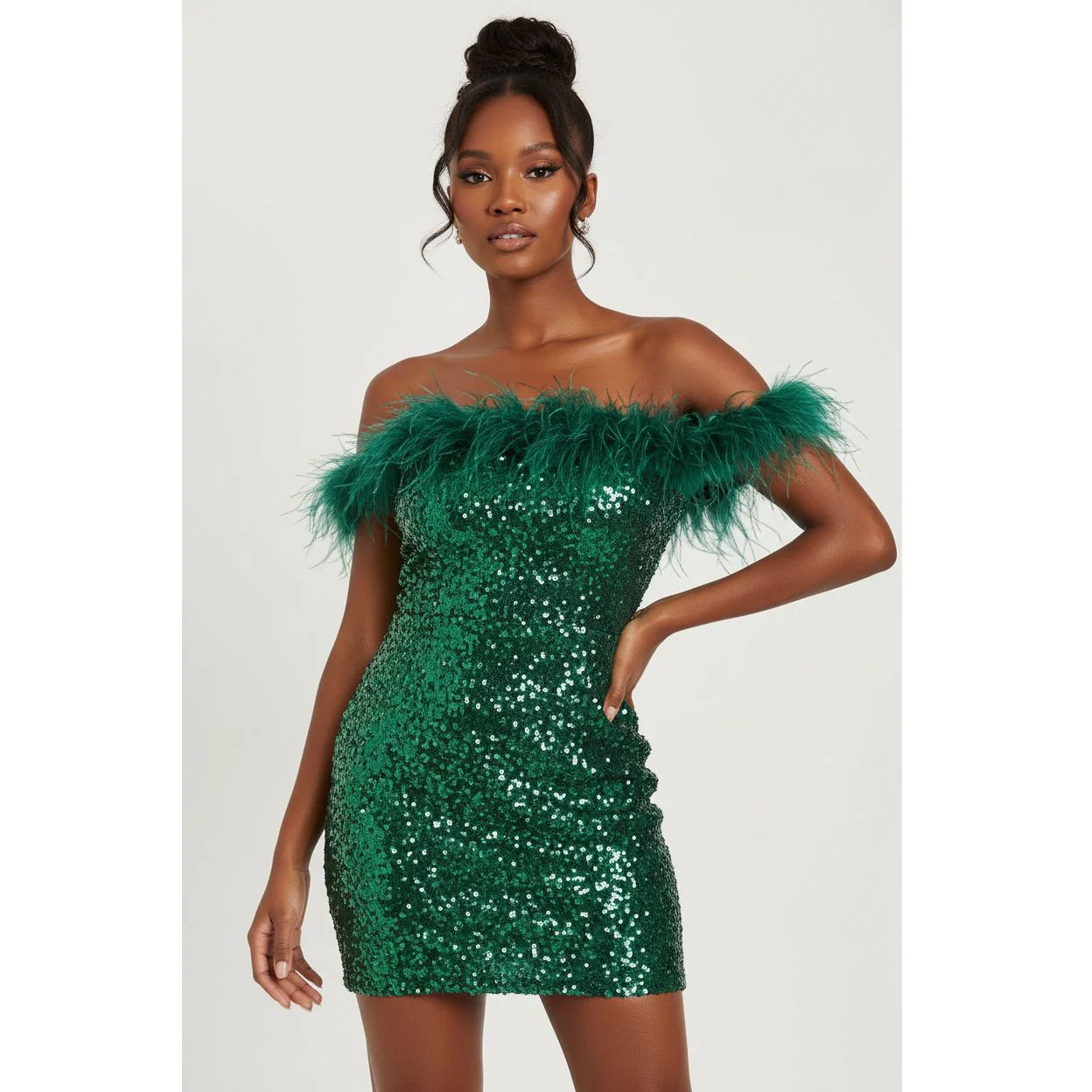 Off Shoulder Fur Sequin Dress - Image 4