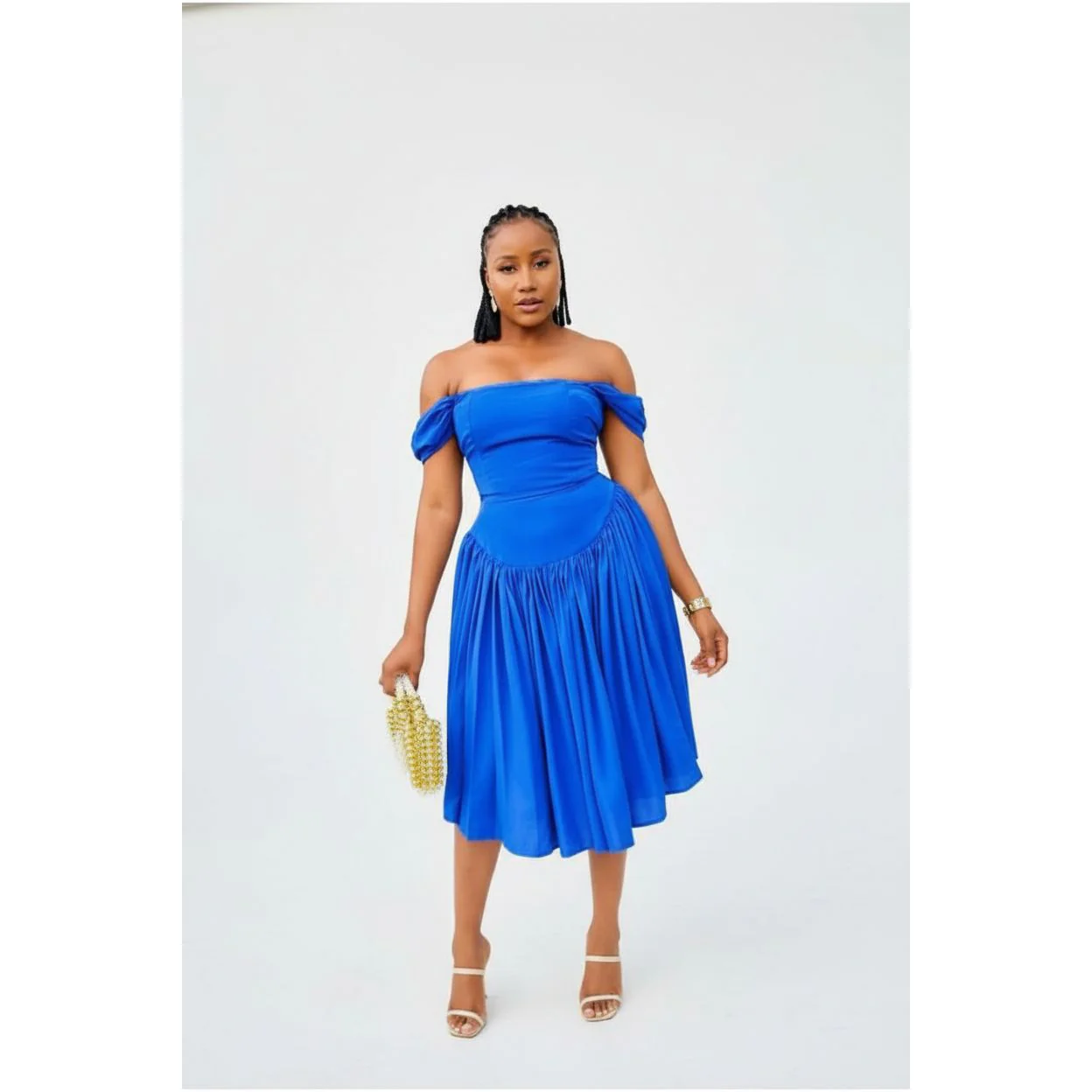 Off-Shoulder High waist Pleated Midi Dress